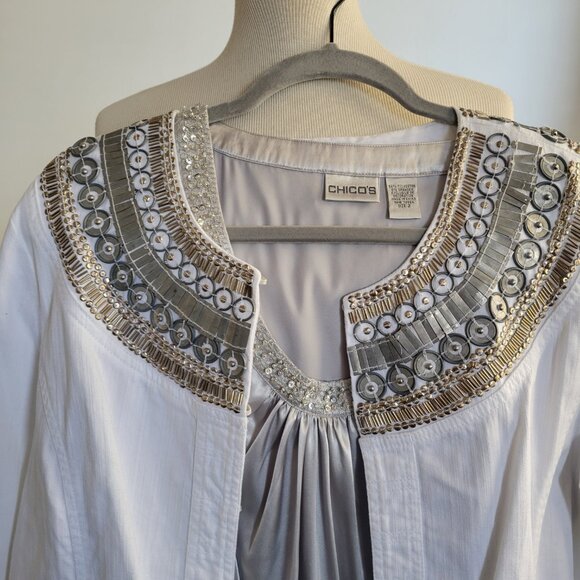 CHICO’s TOP BEADED LILO SILVER MEDALLION JACKET W/Silver Tunic (Size: 2) - Picture 2 of 16